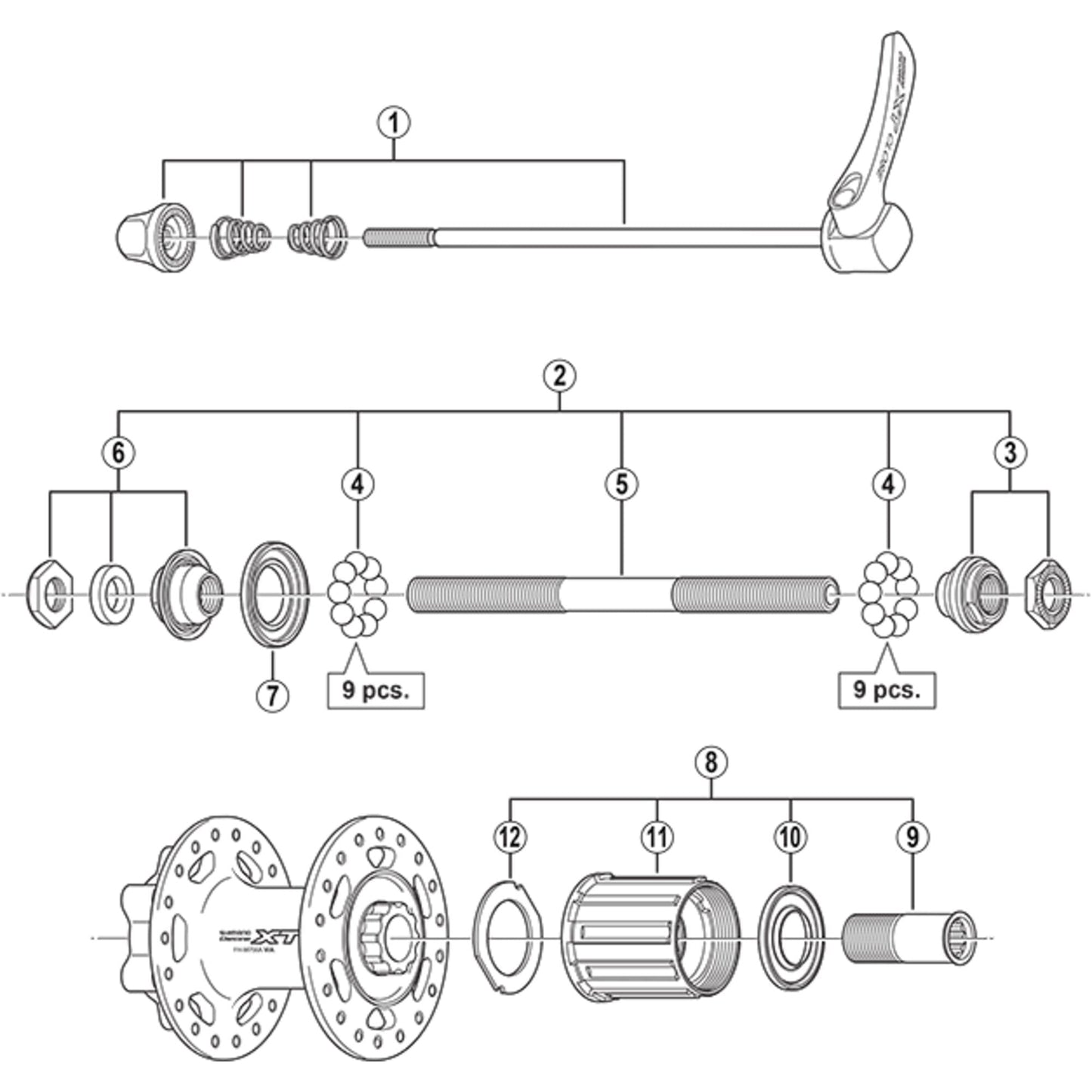 Shimano Spares FH-M756-A complete hub axle, 146 mm