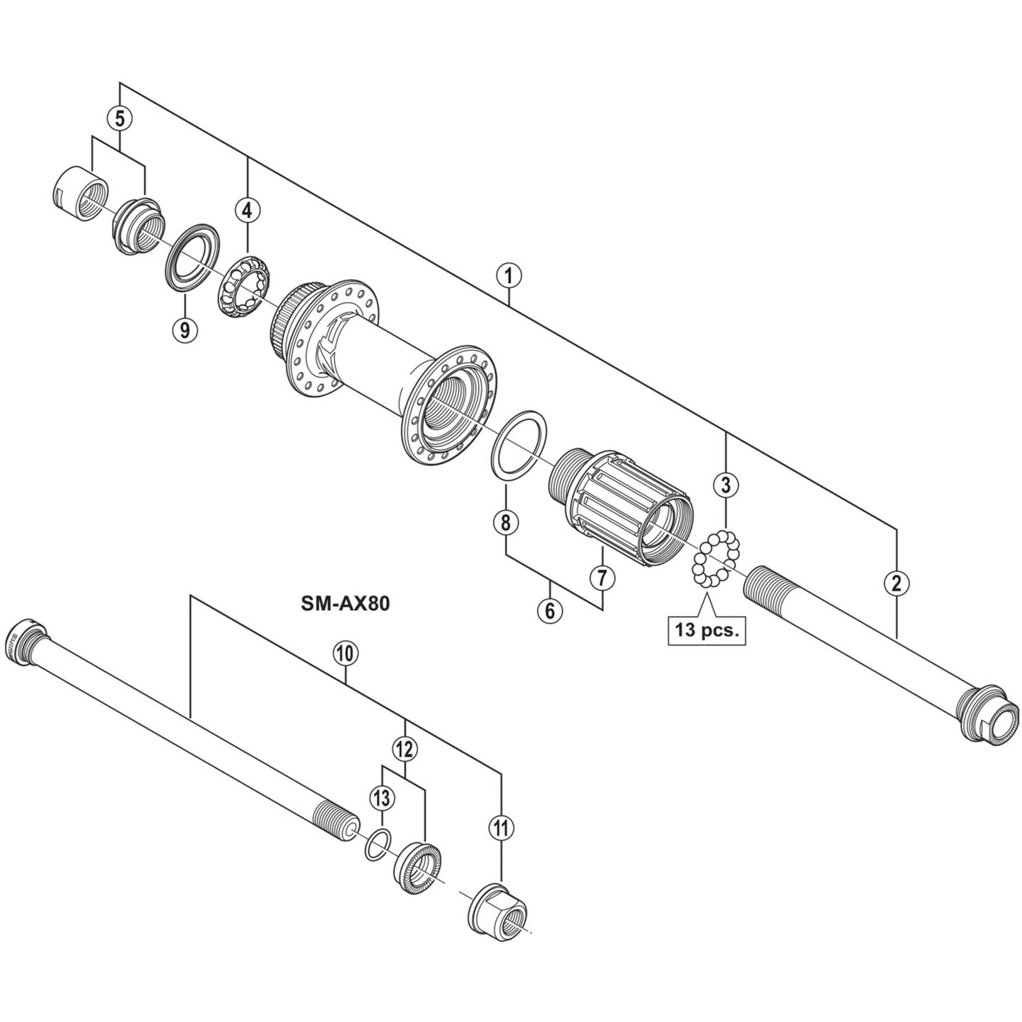Shimano Spares FH-M645 complete hub axle, 12 mm