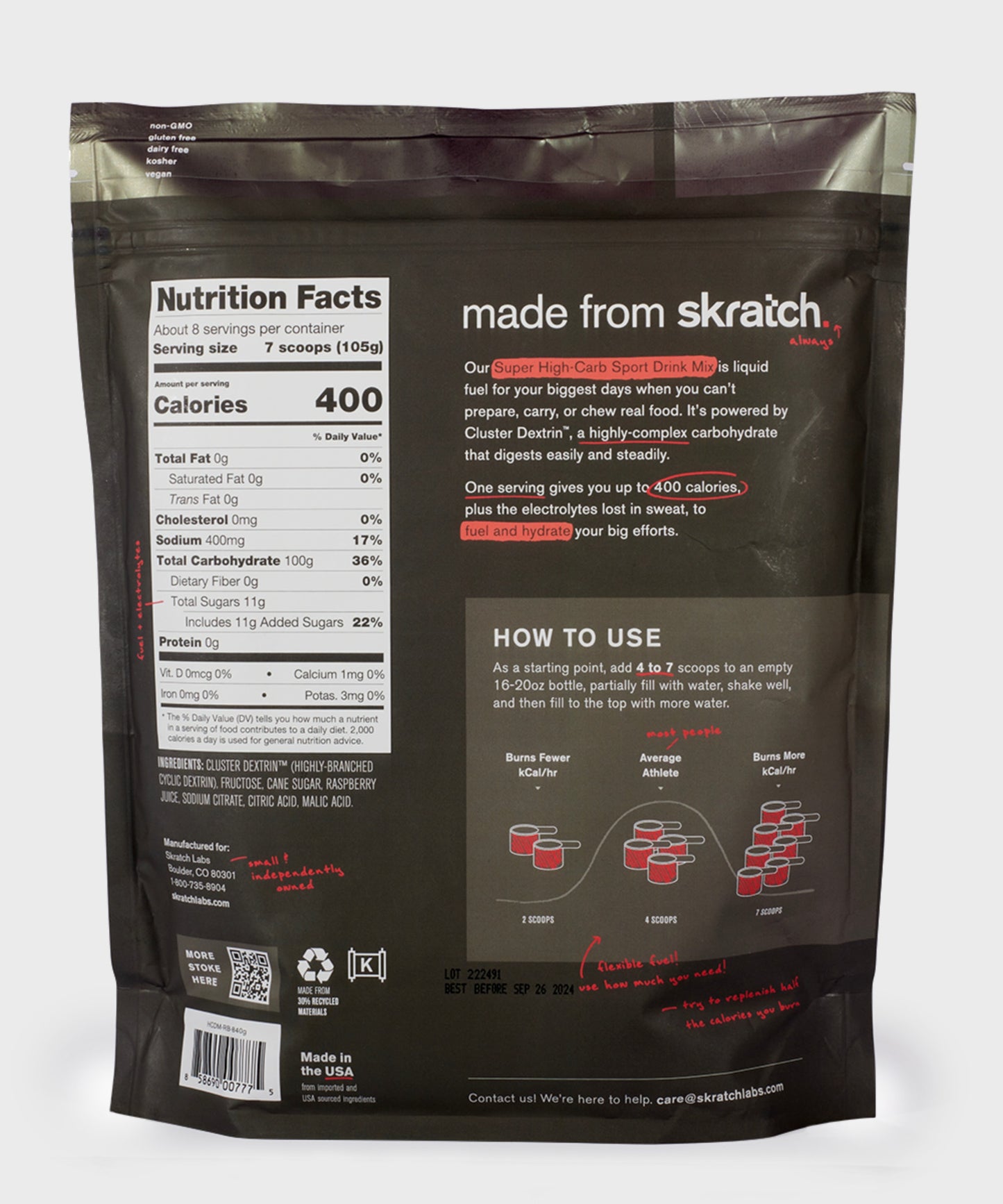 Skratch Labs Super High-Carb Mix - 8 Serving Bag (840g) - Raspberry