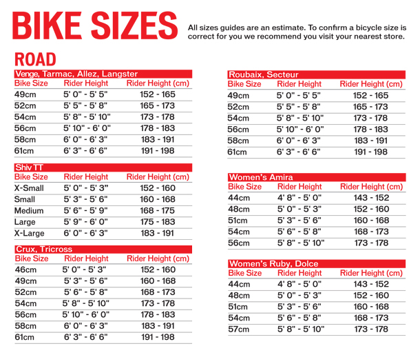 54cm Bike Frame Size Chart