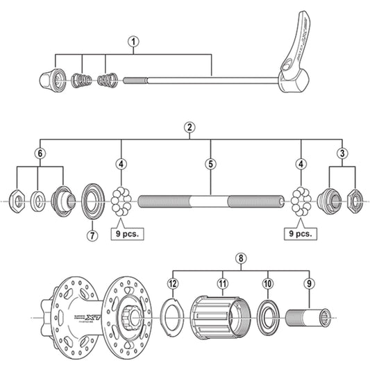 Shimano Spares FH-M756-A complete hub axle, 146 mm