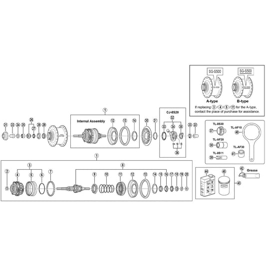 Shimano Alfine SM-S500 Alfine S500 hub components - non-turn washers, cap nuts and CJ-8S20