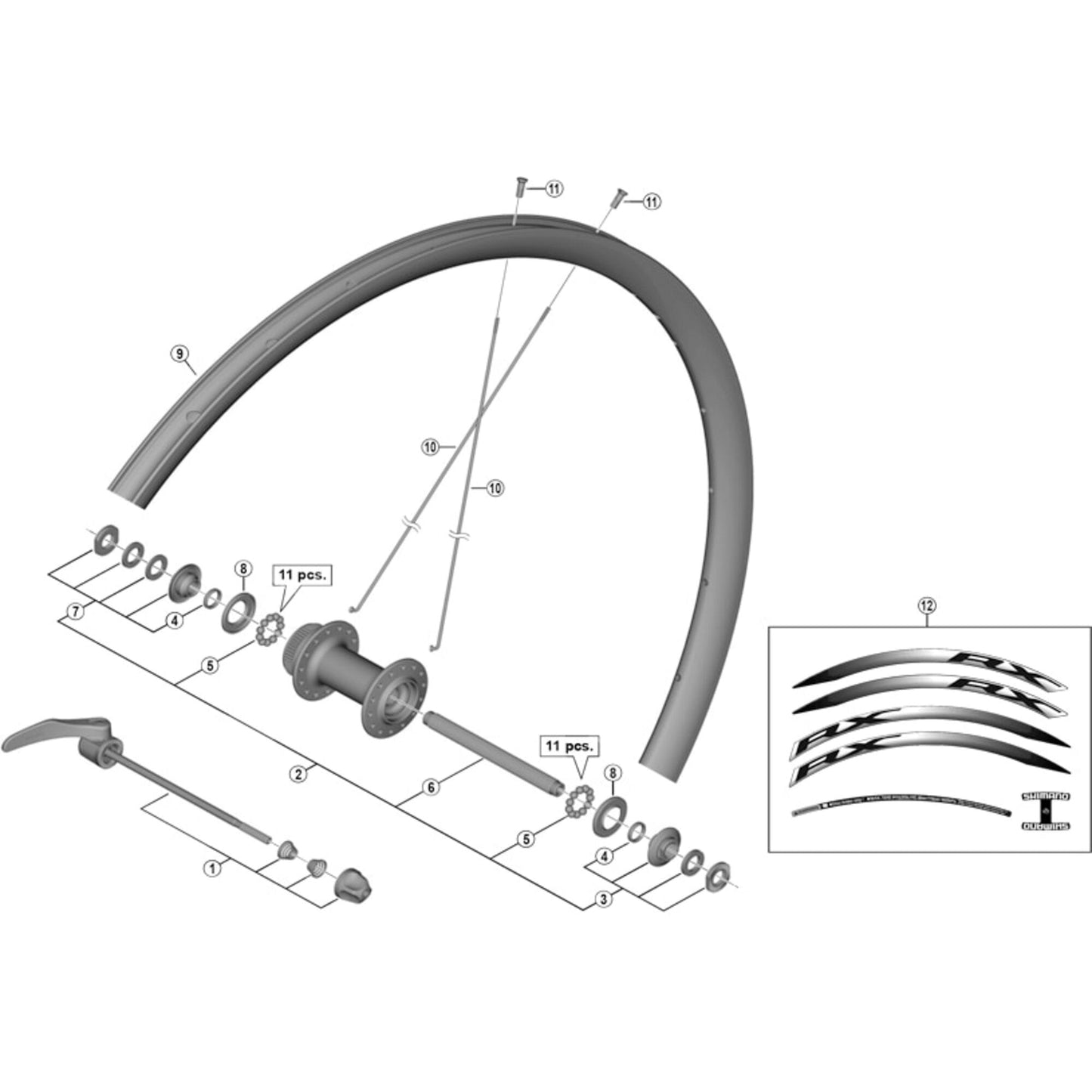 Shimano Spares WH-RX010-F complete hub axle, 108 mm
