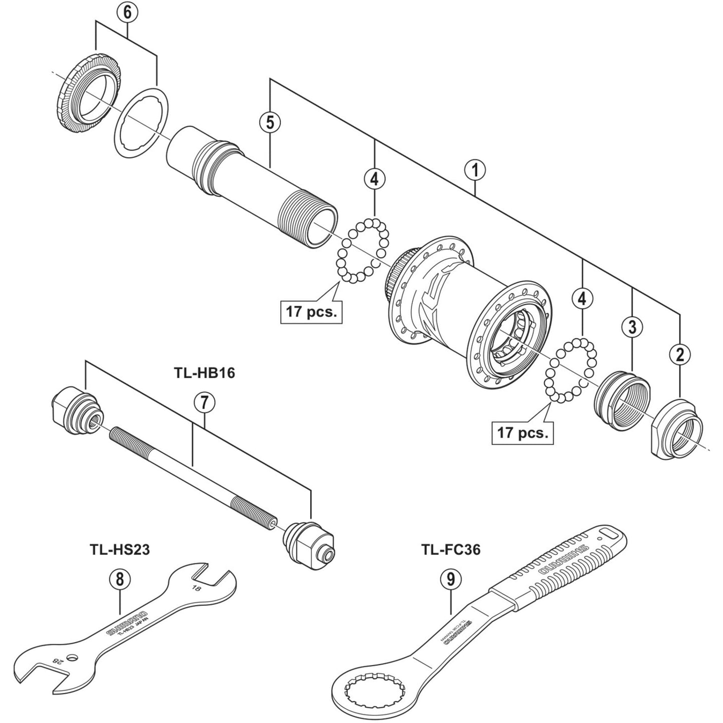 Shimano Spares HB-M640 complete hub axle