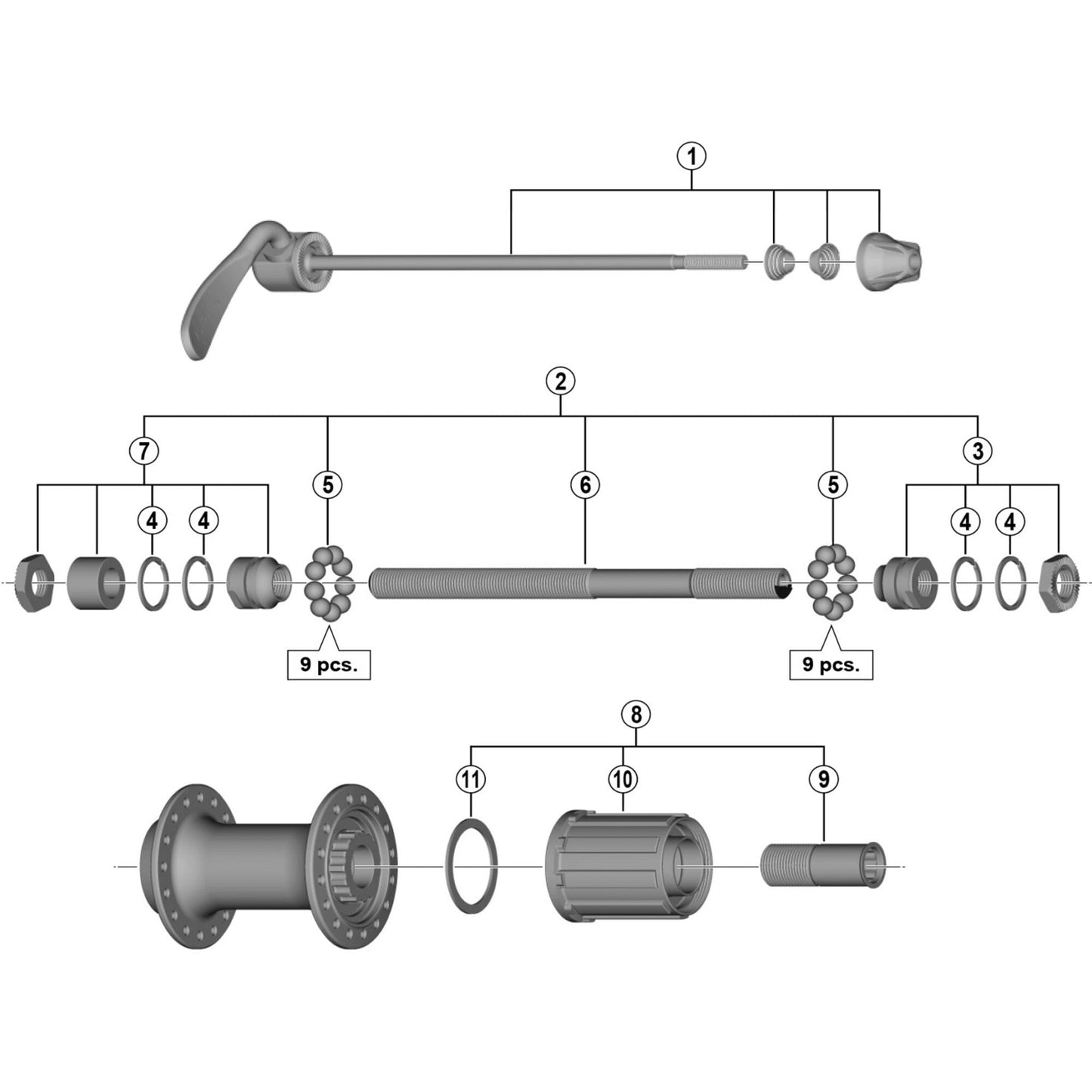 Shimano Spares FH-T3000 Complete hub axle, 146 mm