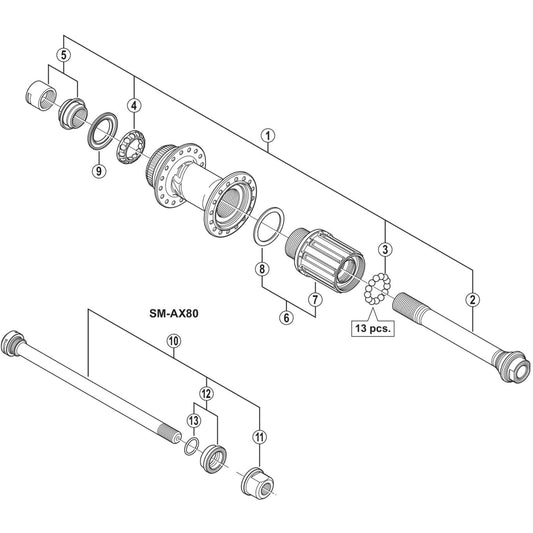 Shimano Spares FH-M640 complete hub axle, 12 mm