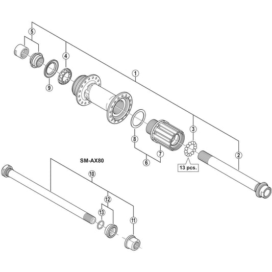 Shimano Spares FH-M645 complete hub axle, 12 mm