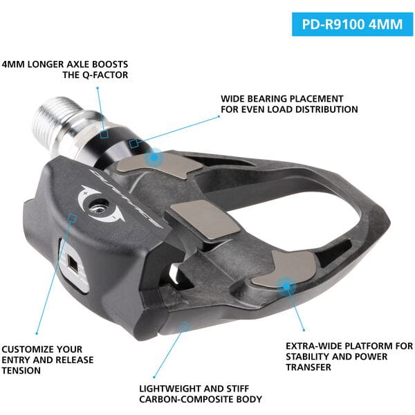 Shimano Dura-Ace PD-R9100 Dura-Ace SPD SL Road pedals, 4 mm longer axle, carbon