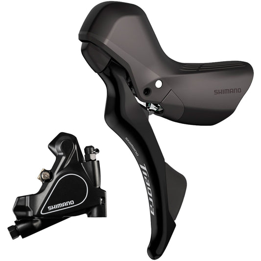 Shimano Tiagra ST-R4020 Tiagra 2-speed STI bled with BR-RS405 flat mount calliper, left rear