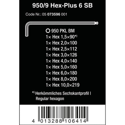 Wera Tools 950/9 Hex-Plus 6 SB L-key Set BlackLaser