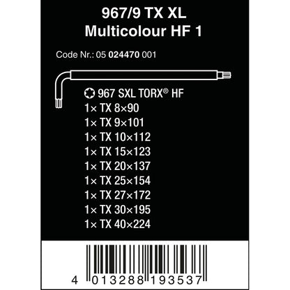 Wera Tools 967/9 TX XL Multicolour HF 1 Long L-key Set With Holding Function