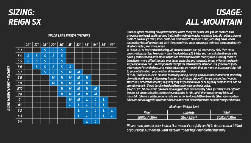 Giant Mountain Bike Size Chart