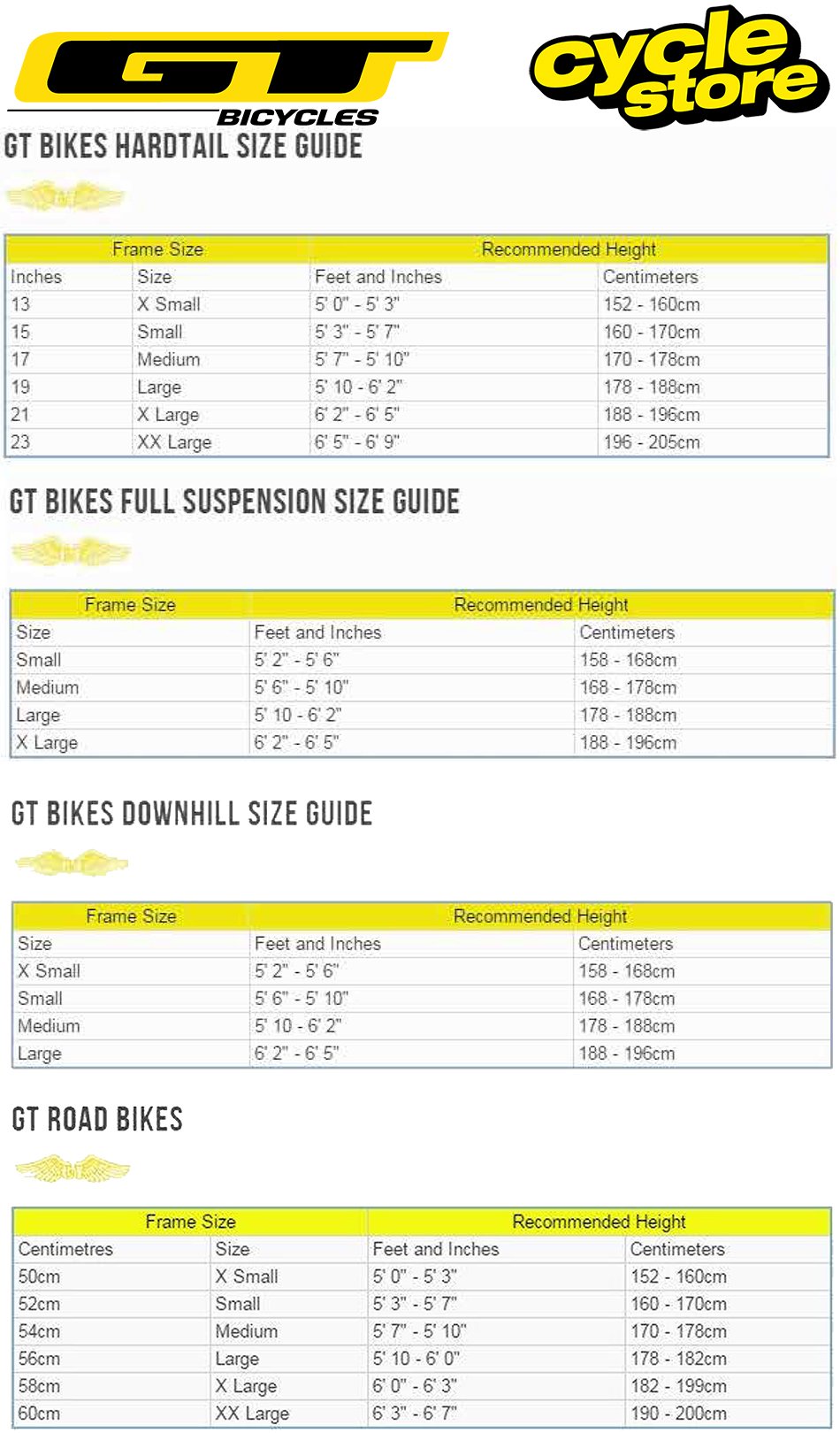 Gt Mountain Bike Size Chart