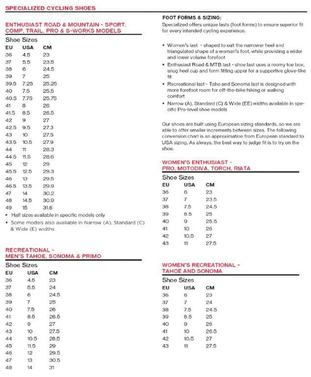 Specialized Cycling Shoe Size Chart